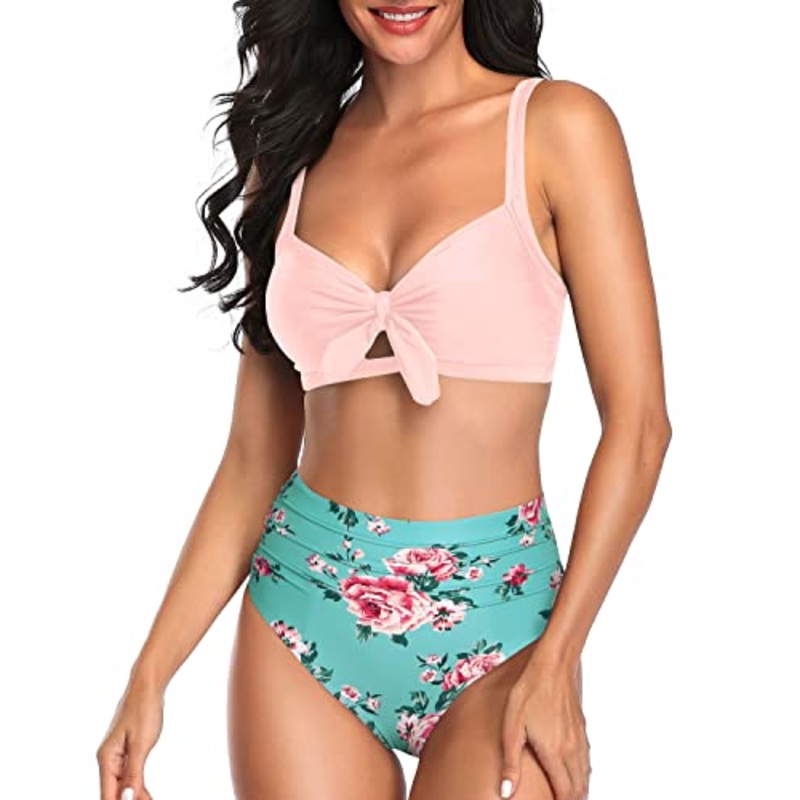 Teen Girls Two Piece Swimsuits Bathing Suits For Women Bikini-Green And Pink Floral