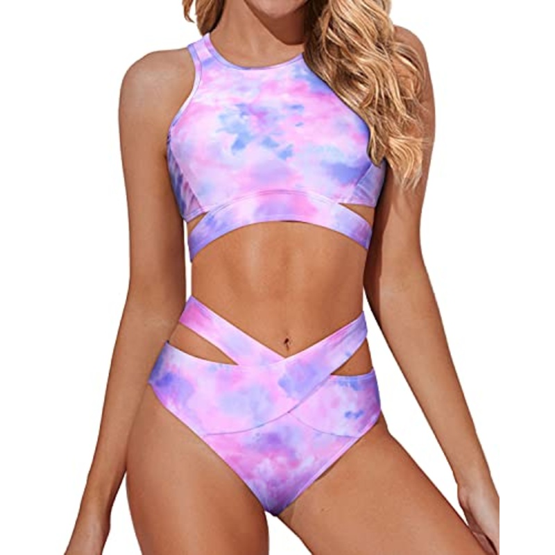 Trendy Cutout Criss Cross Design Two Piece High Neck Bikini Set-Color Tie Dye