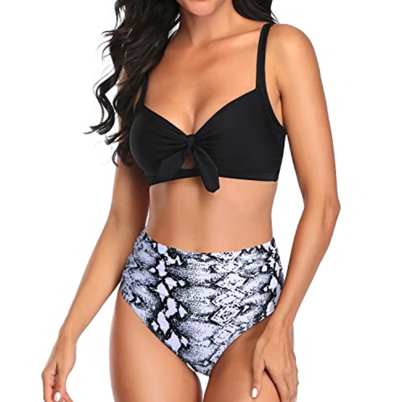 Trendy Removeable Padded Push Up Women High Waisted Bikini Set-Black And White Snake Print