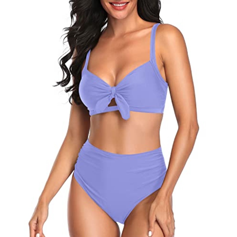 Trendy Tie Knot High Waisted Bikini Set Tummy Control Ruched Bikini-Blue
