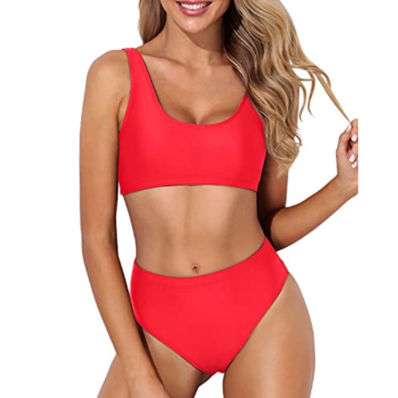 Tummy Hiding High Waisted Bikini Two Piece Scoop Neck Bikini For Women-Neon Red