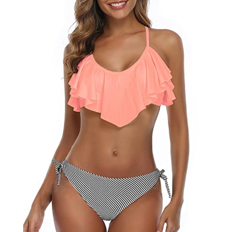 Two Side Ties Women Cross Back Bathing Suit-Coral Pink Stripe