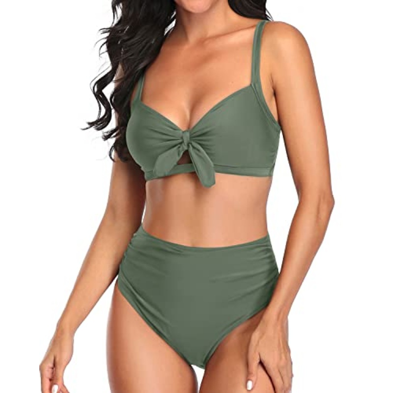Women's High Waisted Bikini Set Tummy Control Ruched Tie Knot-Army Green