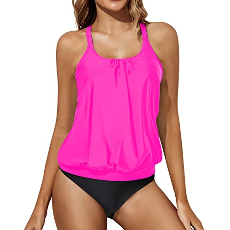 2 Piece Cute Scoop Neck Tankini Shorts For Women-Hot Pink