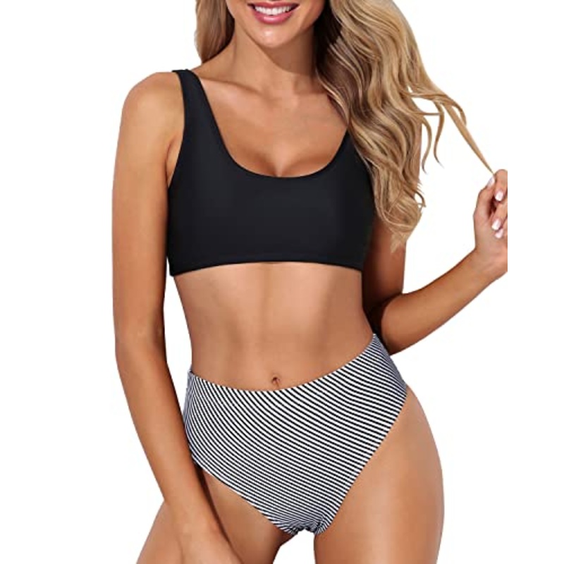 2 Piece Long Torso High Waisted Bathing Suit Bottoms-Black Stripe