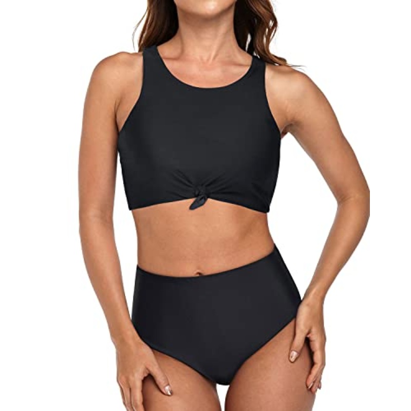 2 Piece Sporty High Neck Tie Knot Bikini Set Bottom-Black