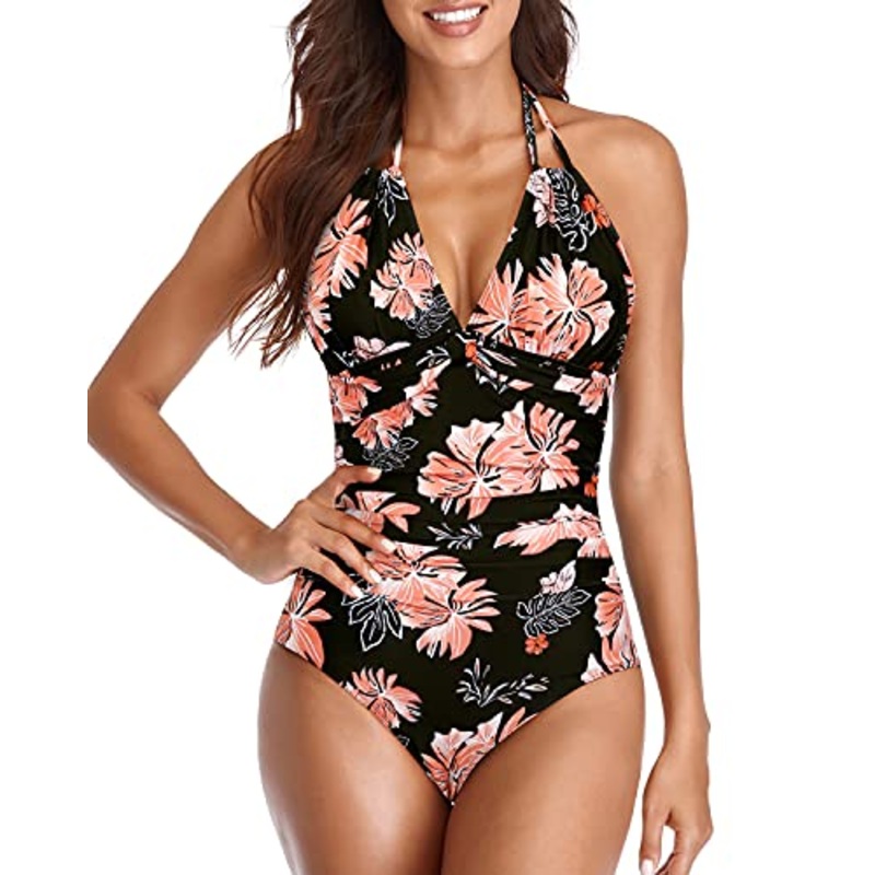Adjustable Halter Neck Tummy Control One Piece Swimsuits-Black Orange Floral