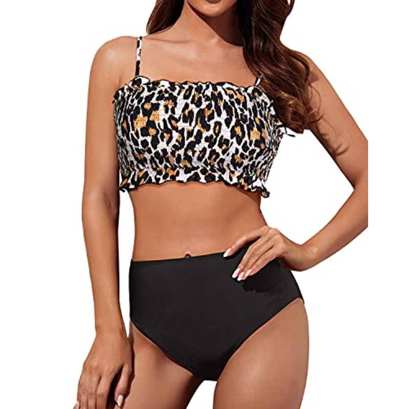 Adjustable Shoulder Straps Design Smocked 2 Piece Swimsuit-Black And Leopard