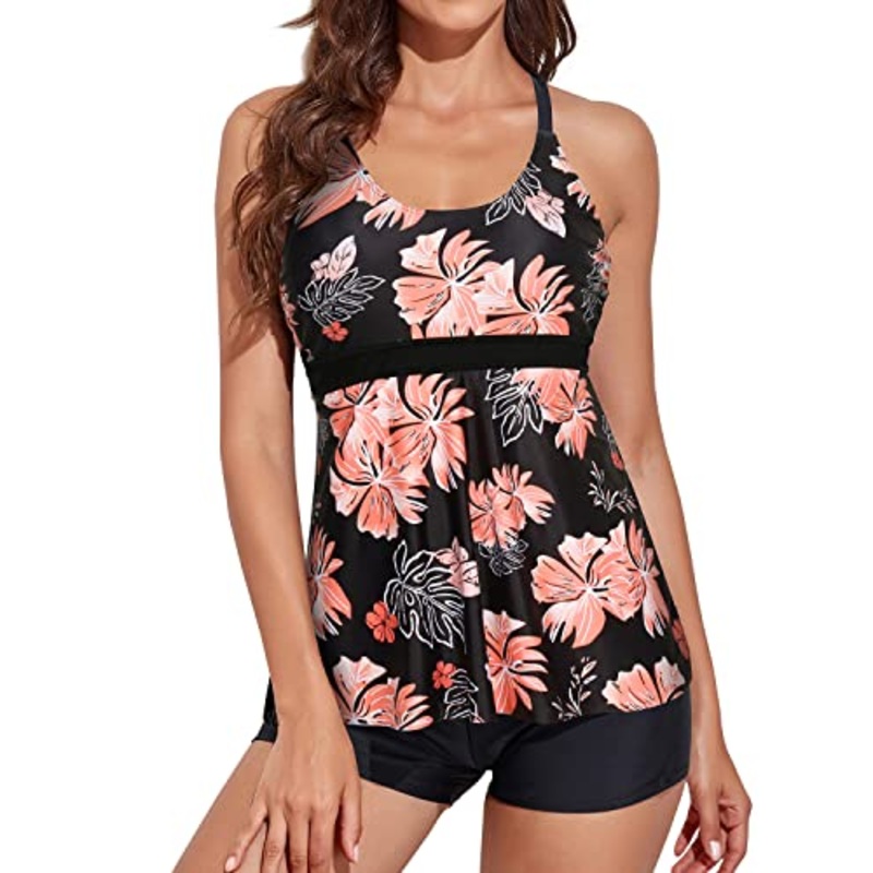 Adjustable Shoulder Straps Tankini Boyshorts Swimsuit-Black And Orange Floral