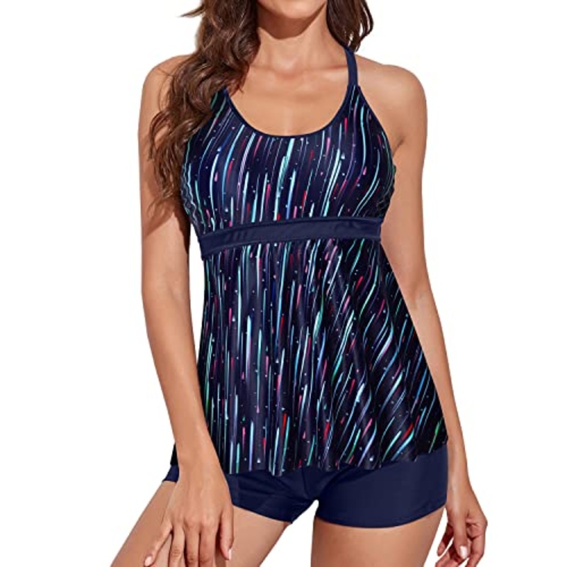 Adjustable Strap Flowy Tankini Bathing Suits Boy Shorts-Navy Blue