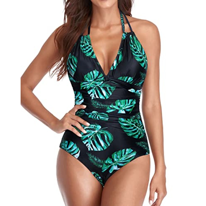 Chic Open Back Tummy Control One Piece Swimsuits-Black And Green Leaf