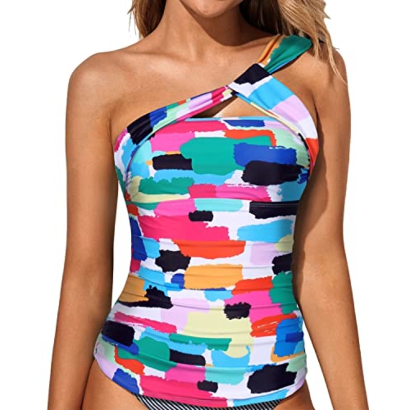 Classy Ruched Bathing Suit Top Asymmetric Cut Tankini Top-Aqua