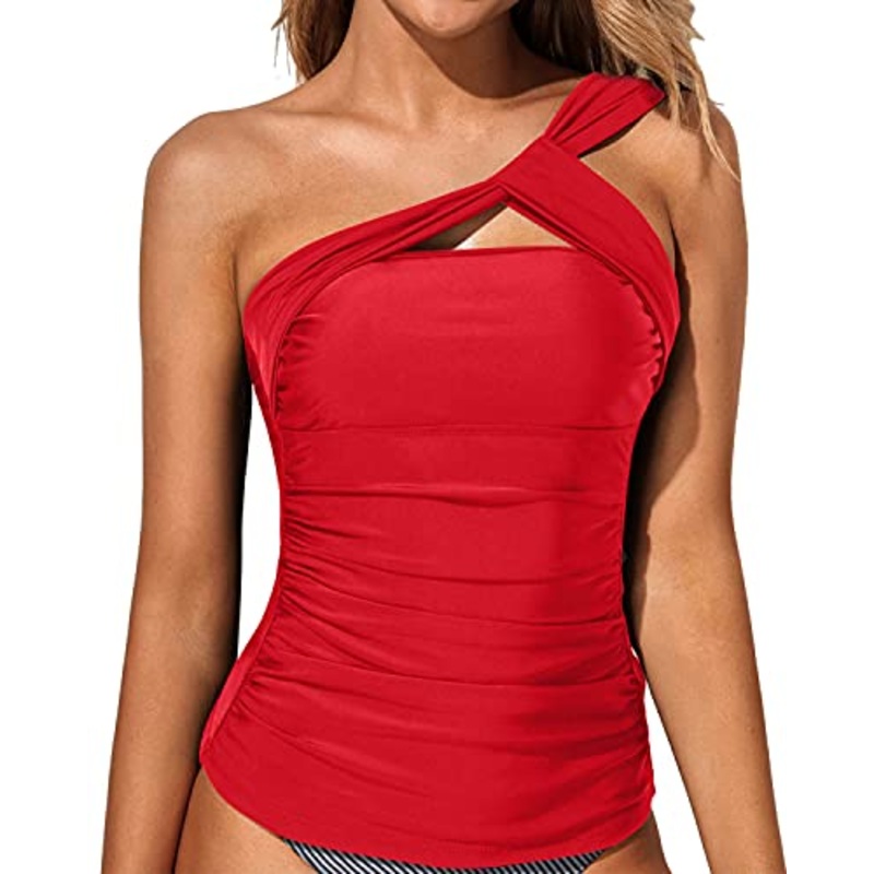 Classy Ruched Tankini Top Asymmetric Cut Swim Tops-Red