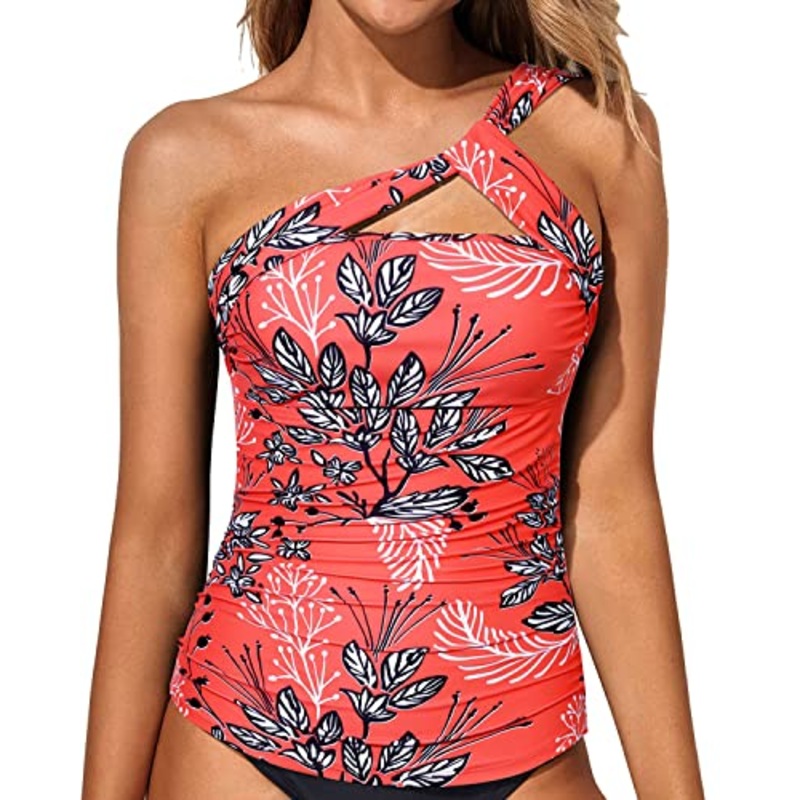 Cute And Sexy Ruched Swim Top Tummy Control Swim Tops-Red Floral