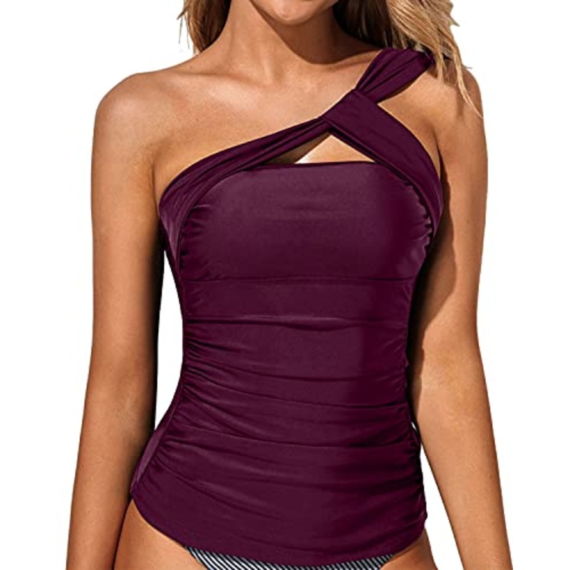 Cute And Sexy Ruched Swim Top Tummy Control Tankini Top-Maroon