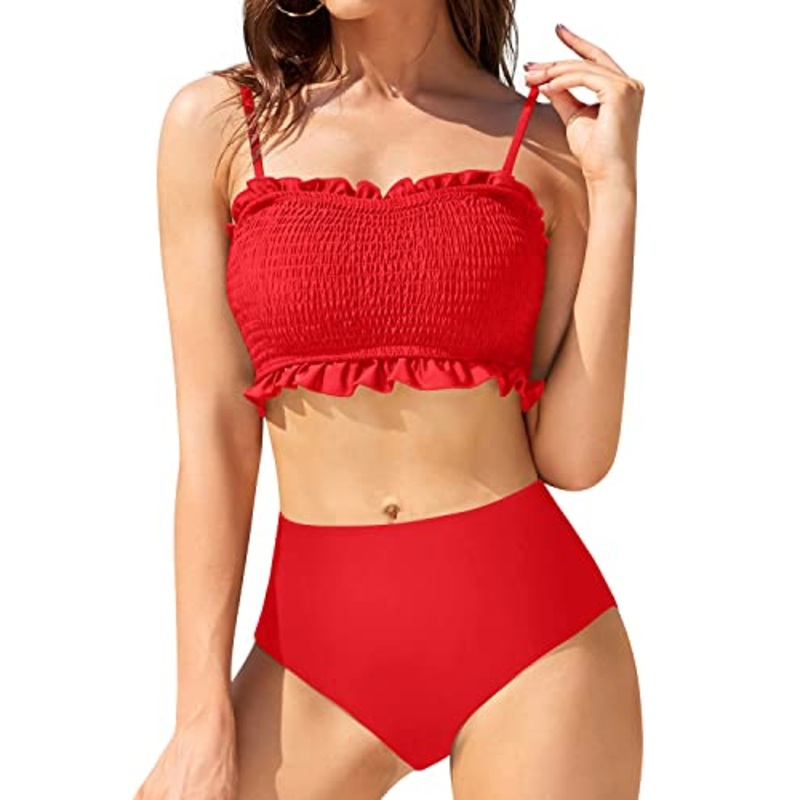 Cute Bathing Suit Bottoms Smocked 2 Piece Swimsuit-Red