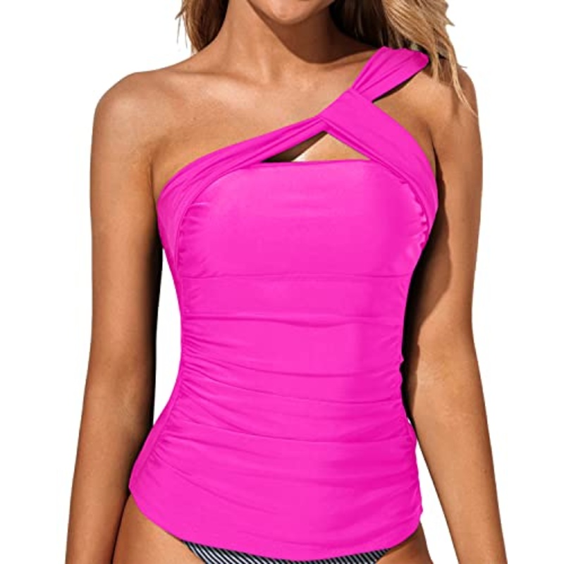 Elegant And Flattering Ruched Swim Top Tummy Control Tankini Top-Neon Pink