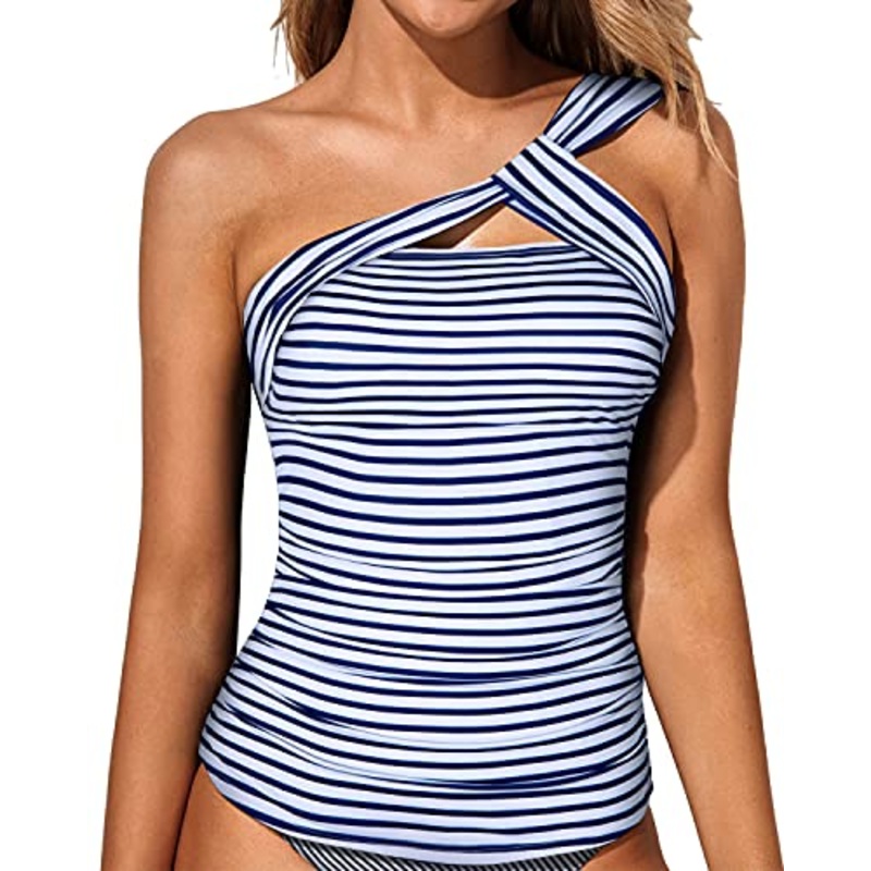 Elegant Women's Swim Top Tummy Control Tankini Top-Blue And White Stripes