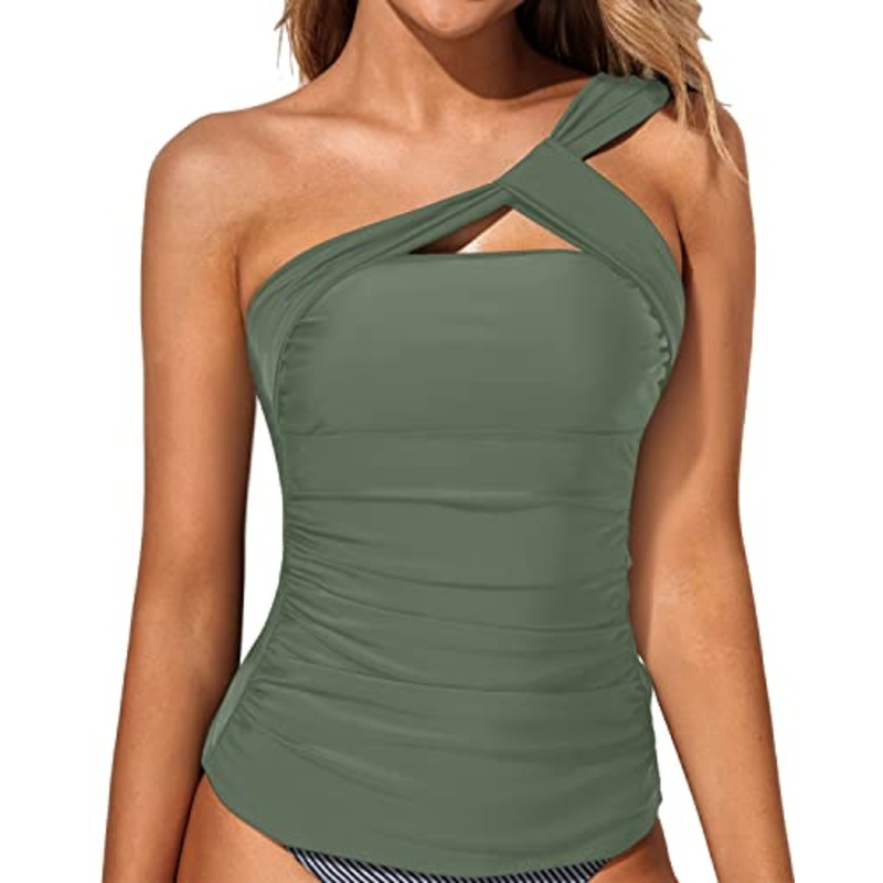 Eye-Catching One Shoulder Swimsuit Top Asymmetric Cut Tankini Top-Olive Green