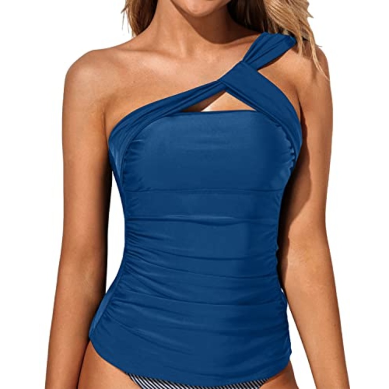 Flattering One Shoulder Swimsuit Top Padded Bra Swim Tops-Blue