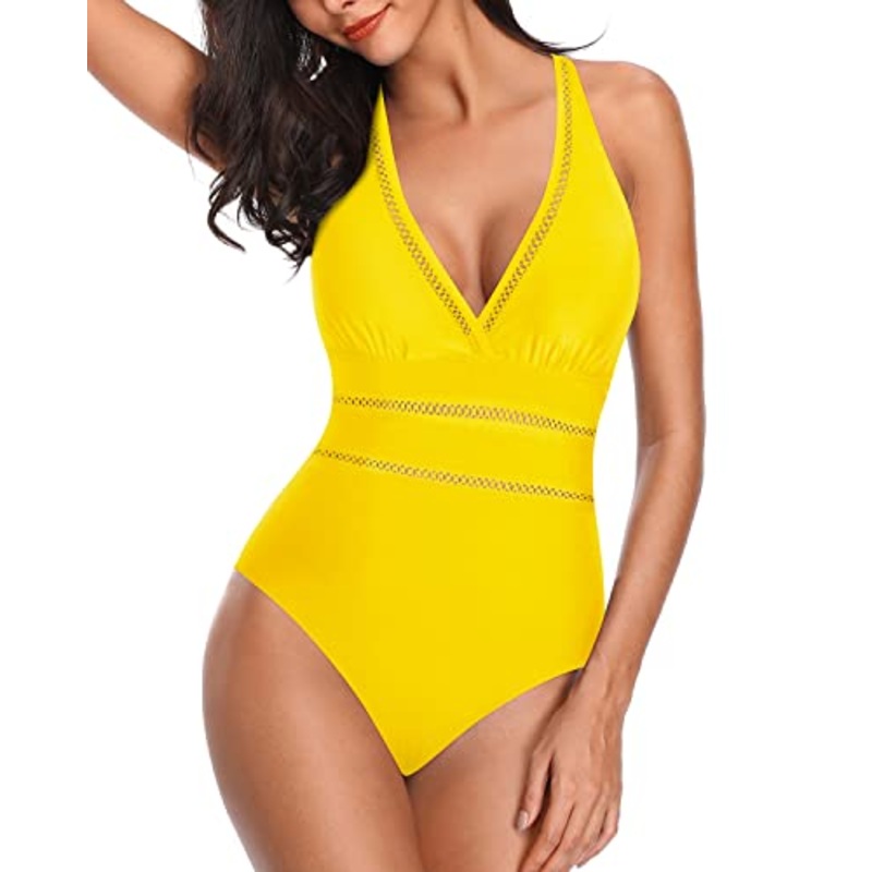 Flattering Plunge V Neck Halter One Piece Bathing Suit-Neon Yellow