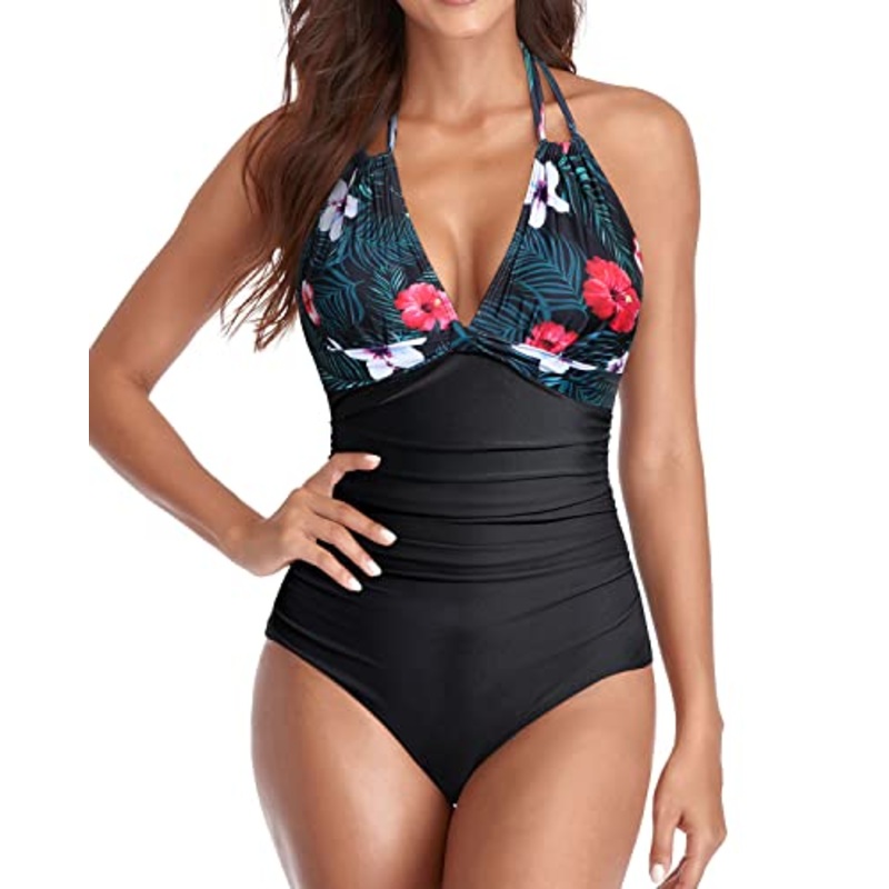 Flattering Ruched Slimming Tummy Control Bathing Suits-Black Floral