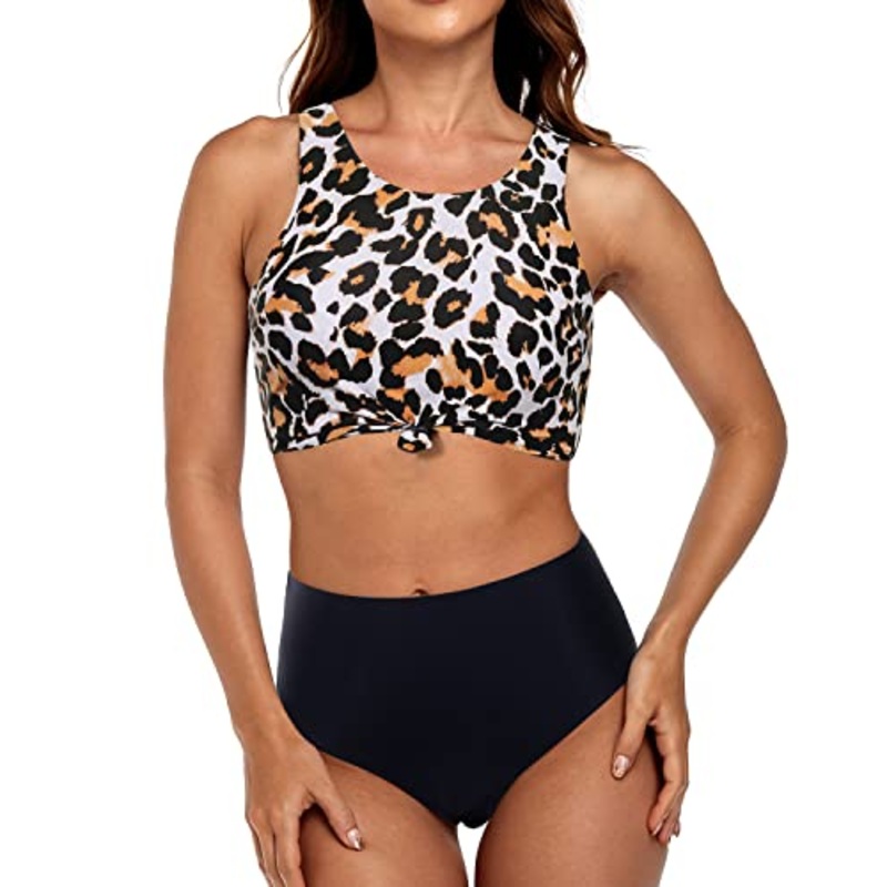 Full Coverage High Waist Bikini Set High Neck Top-Black And Leopard