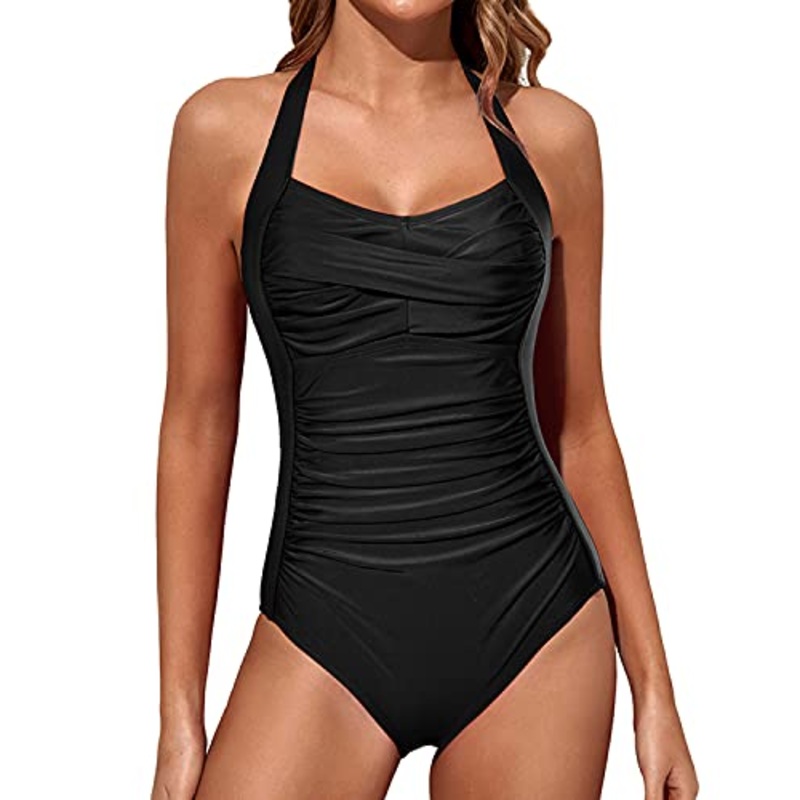 Halter Vintage Swimwear Slimming One Piece Swimwear-Black