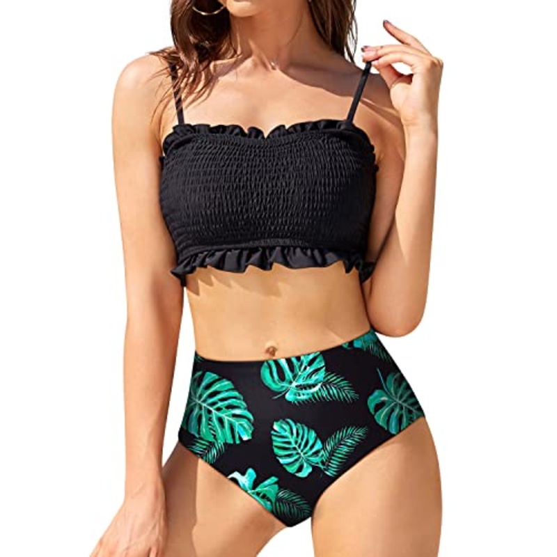 High Cut Bandeau Two Piece Bikini Tummy Control Bottoms-Black Leaf