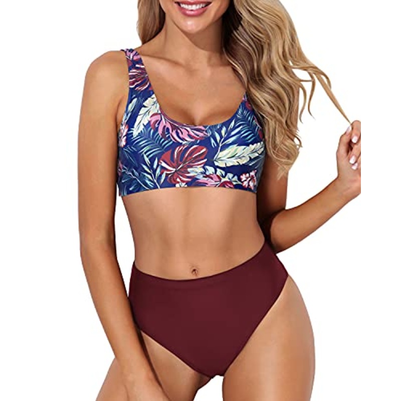 High Cut Scoop Neck Bikini Crop Top High Cut Swimsuit-Purple Leaf