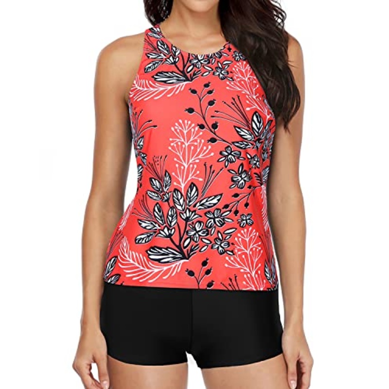 High Neck Tankini Boy Shorts Casual Tankini Set-Red Floral