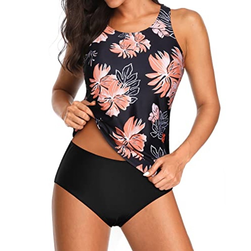 High Neck Tankini Top Tankini 2 Piece Swimsuits-Black Orange Floral