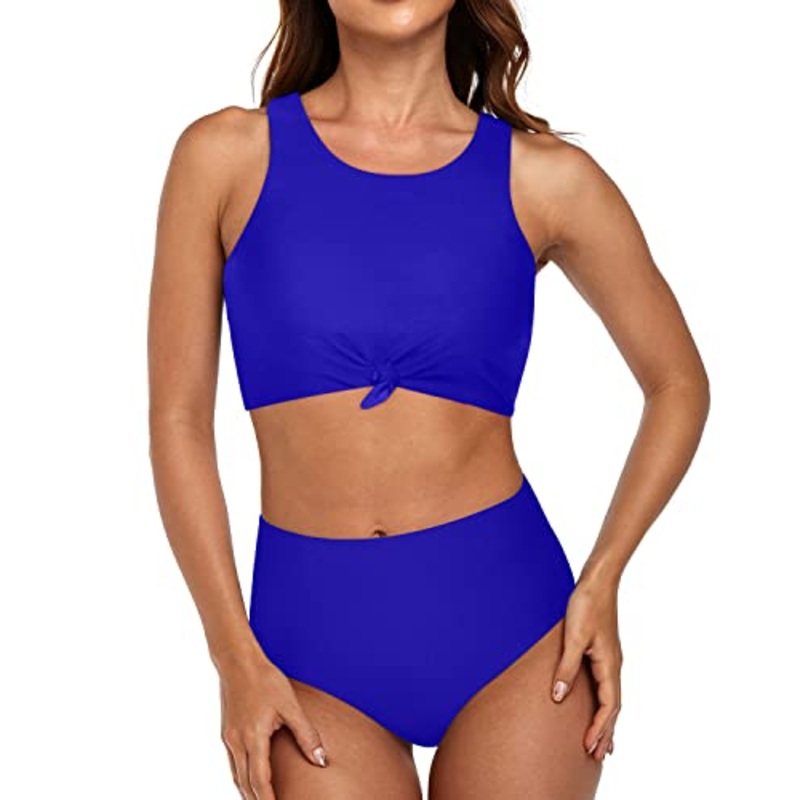 High Neck Tie Knot Bathing Suit Sporty Two Piece Swimsuits-Royal Blue