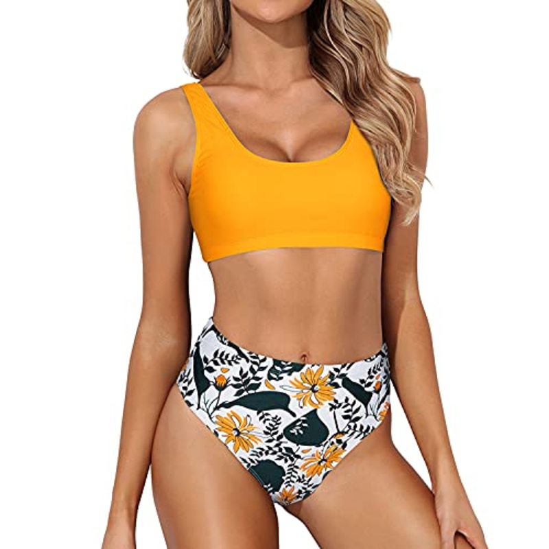 High Waisted Bathing Suit For Long Torso Two Piece Scoop Neck Bikini-Yellow Floral