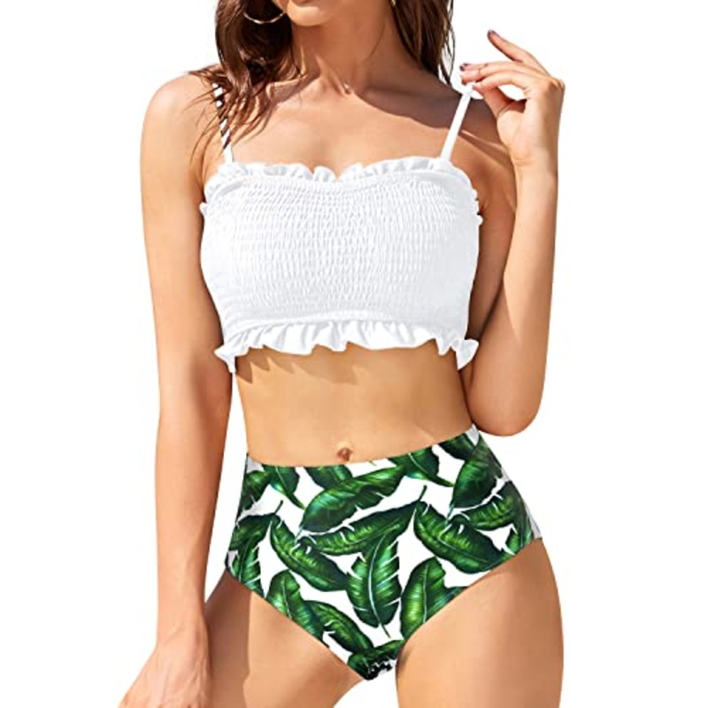 High Waisted Smocked Ruffled Bikini For Women-White Leaf