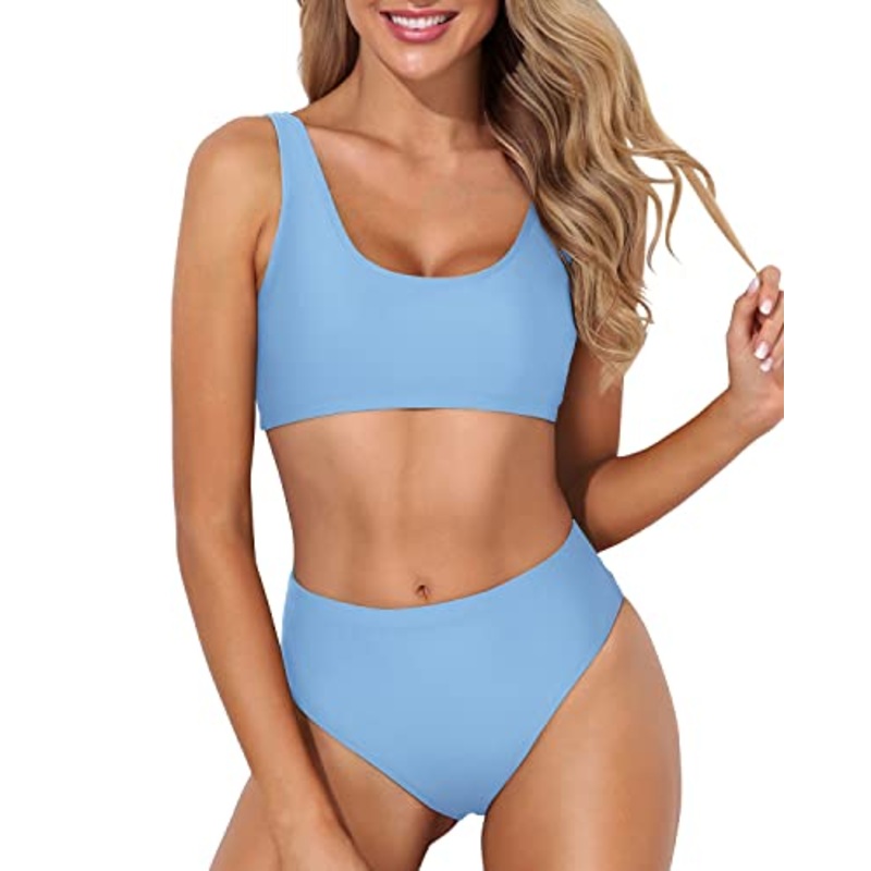 High Waisted Swimsuit Bottoms Crop Top High Cut Swimsuit-Light Blue