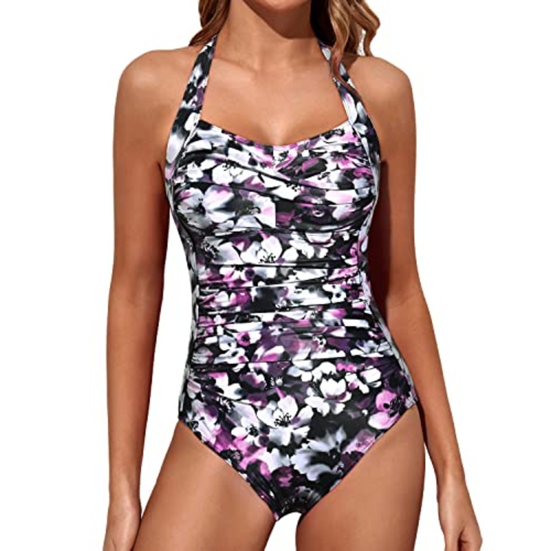 High Waisted Swimsuits Halter Vintage Swimwear-Purple Flowers