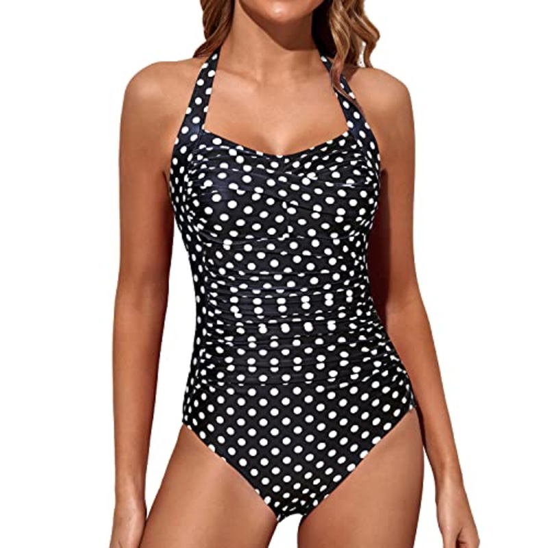 High Waisted Tummy Control Slimming One Piece Swimwear-Black Dot