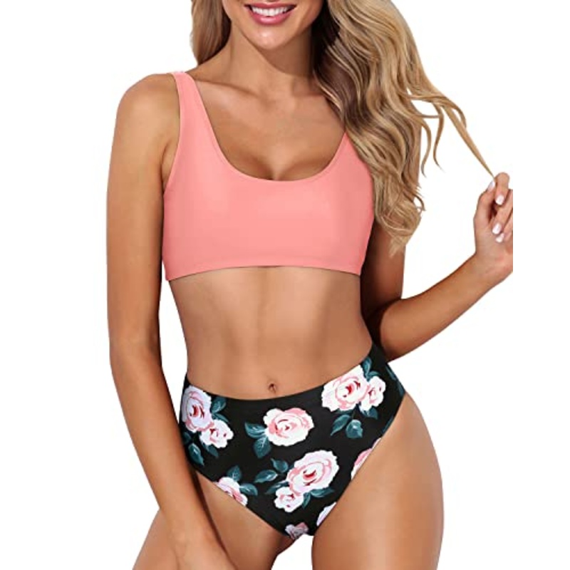 High Waisted Two Piece Bathing Suit Bottoms-Coral Pink Floral