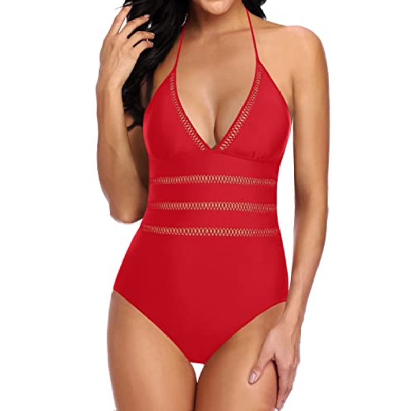 Mesh Waist Hollow Out Monokini Halter One Piece Swimsuits-Red