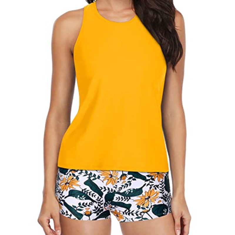 Modest 3 Piece Swimsuit For Women High Neck Backless Tankini-Yellow Floral