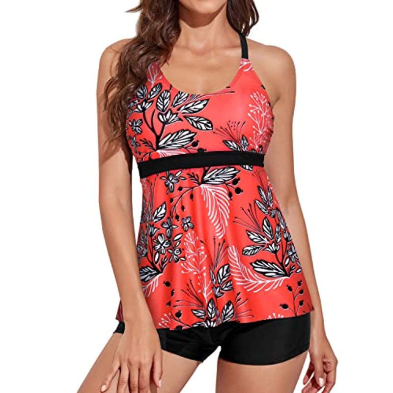Modest Flowy Tankini Swimsuits Boy Shorts For Women-Red Floral