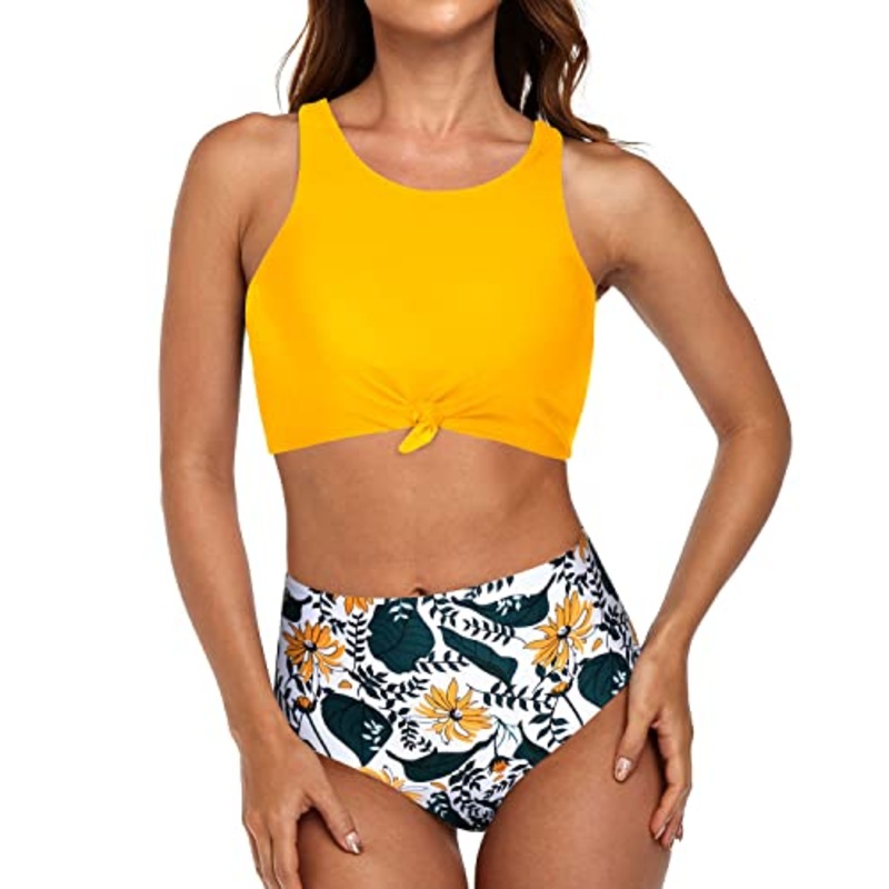 Modest High Neck Bikini Sporty Two Piece Swimsuits-Yellow Floral