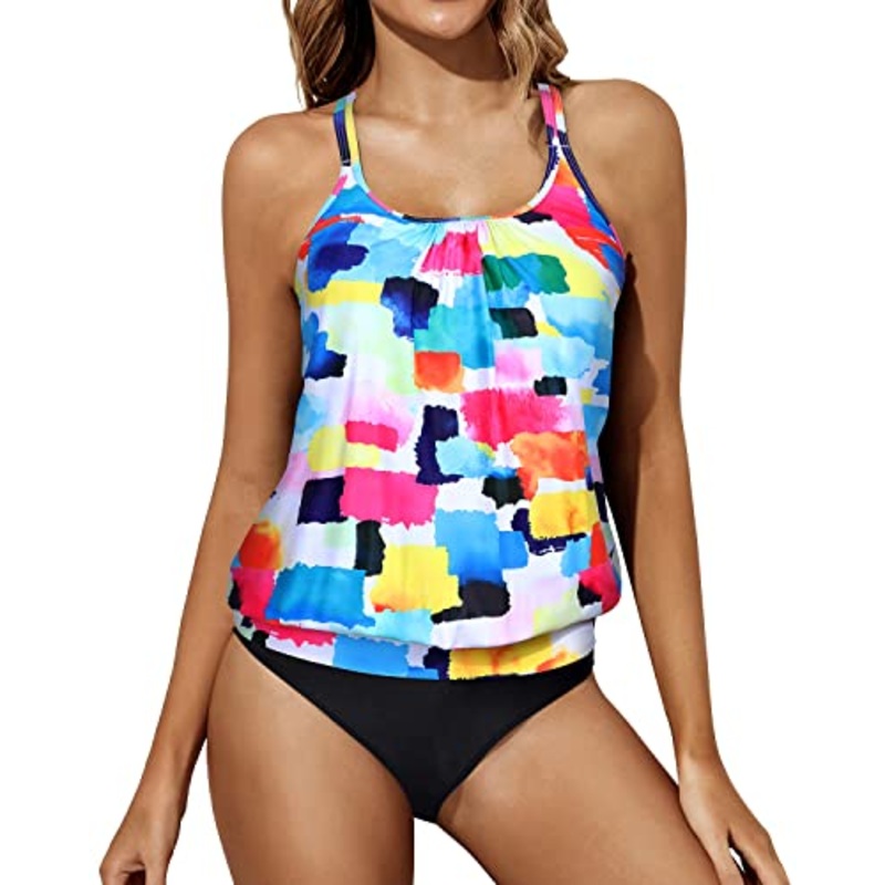 Modest Loose Fit Scoop Neck Tankini Bathing Suit-Color Block