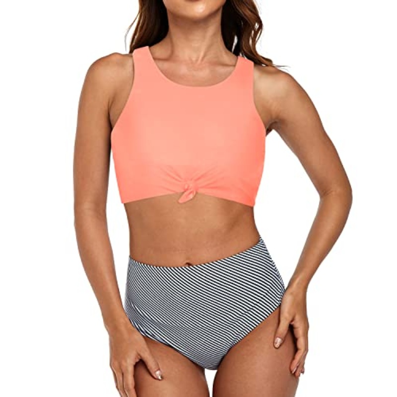Modest Two Piece High Waisted Bathing Suits For Women-Coral Pink Stripe