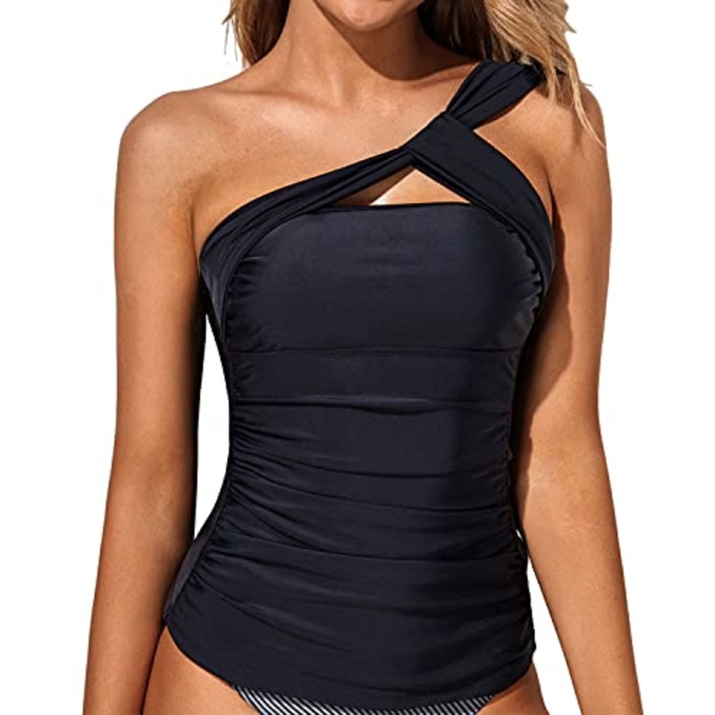 One Shoulder Ruched Swim Top Tummy Control Tankini Top-Black