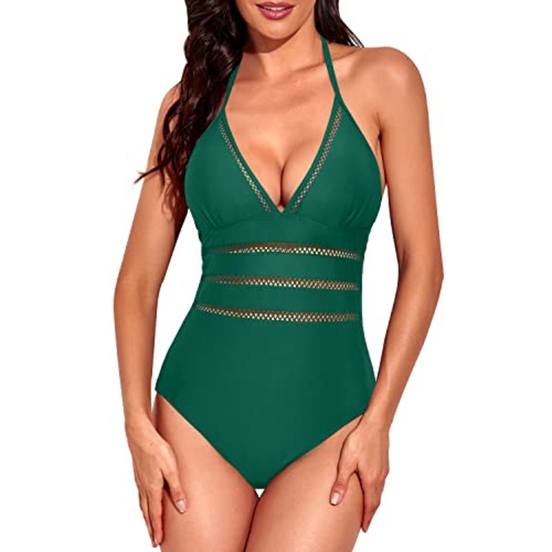 Open Back Halter Plunge V Neck One Piece Swimsuits-Emerald Green