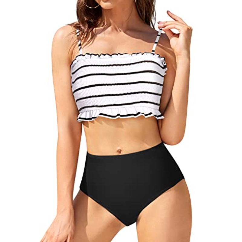 Removable Padded Bandeau Bikini Set High Waisted Bottoms-Black And White Stripe