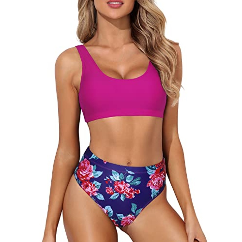 Removable Padded Push Up Bikini Crop Top High Cut Swimsuit-Pink Floral