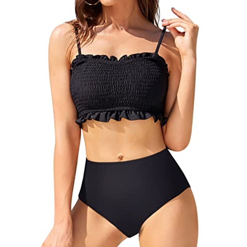Ruffle Bandeau Bikini Set High Waisted Bottoms For Women-Black